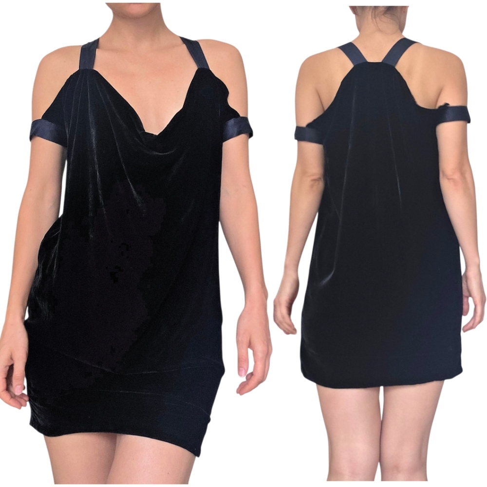 French Connection Black Velvet Halter Neck Draped Front Mini Dress Size 0